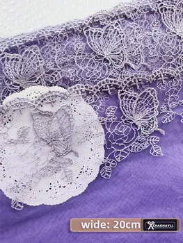 1 Ярд шириной 20 см Роскошная фиолетовая сетка с бабочками, вышитая кружевная ткань Volie для отделки бахромой, Декоративные швейные материалы для занавесок