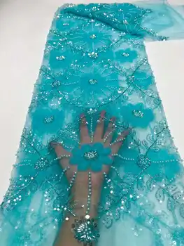 2023 Высококачественная африканская кружевная ткань голубое сетчатое кружево с блестками, французское роскошное платье с 3D вышивкой из бисера, тюлевое кружевное полотно, сшитое из тюлевой кружевной ткани