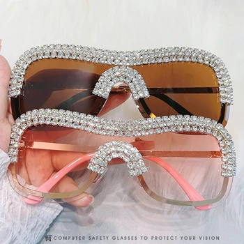 2023 Солнцезащитные очки с бриллиантами без оправы, женские роскошные солнцезащитные очки со стразами большого размера, цельные женские солнцезащитные очки для вечеринок, очки для девочек UV400