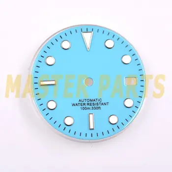 29 мм зеленый светящийся синий циферблат часов подходит для механизма NH35 в мужском стиле
