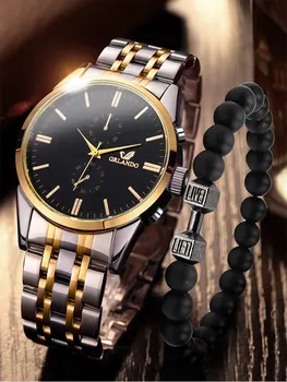 2шт Модные деловые кварцевые наручные часы с большим циферблатом в мужской комнате с золотым стальным ремешком и набором браслетов с гантелями из бисера