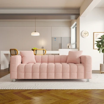 80-дюймовый розовый плюшевый бархатный диван с двумя подушками - Серебристые металлические опорные ножки, подходящие для гостиной, спальни