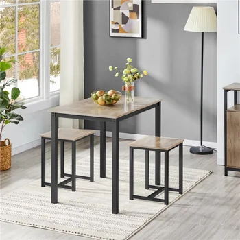 Alden Design, промышленный обеденный набор из 3шт, деревенский серый обеденный стол, набор мебели, обеденный стол, 4 стула, мебель для дома