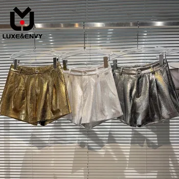 LUXE & ENVY 2023 Осенние Новые узкие шорты с высокой талией, однотонные сексуальные брюки с глянцевым дизайном из жидкого металла