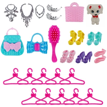 NK 35 Предметов/Комплект Модные вешалки для принцессы, Сумка, Обувь, Серьга, Корона с бантом для куклы Барби, Аксессуары, Платье, Детские игрушки своими руками