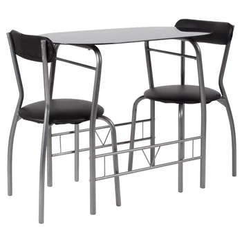 Бесплатная доставка по США Набор для бистро Sutton из 3 предметов, экономящий пространство, со столом из черного стекла и стульями с черной виниловой обивкой.