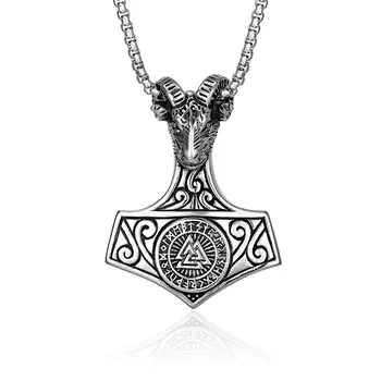 Винтажное ожерелье из бараньей головы викинга, Громовой молот Одина, ожерелье из нержавеющей стали для мужчин, кулон с треугольным узлом, ожерелье с компасом, ювелирные изделия