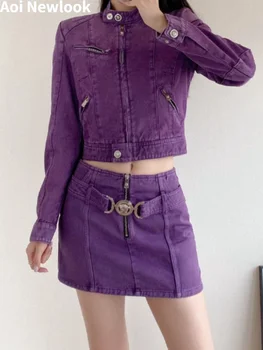 Винтажный фиолетовый джинсовый костюм в американском стиле, женская осенняя новинка, приталенная короткая куртка на молнии, пальто + мини-юбка, уличная одежда, комплект из 2 предметов