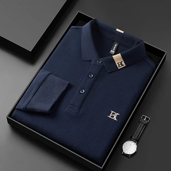 Высококачественная брендовая деловая рубашка поло Мужская с длинными рукавами из 100% хлопка, весенне-осенняя новая изысканная повседневная футболка с отворотом с вышивкой