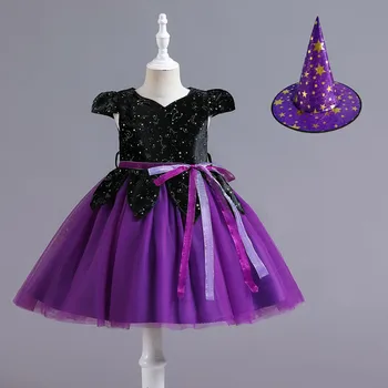 Детское праздничное платье на Хэллоуин для девочек, детский костюм для вечеринки, платье принцессы, комплект шляп, комбинезон с длинными рукавами для девочек