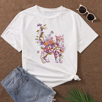 Женская графическая акварель Модная одежда с героями мультфильмов 90-х, Летняя женская одежда, повседневные футболки с принтом кошек, футболка с коротким рукавом