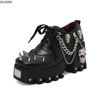 Женская металлическая цепочка с заклепками в виде черепа, Криперы на платформе, Японская обувь Harajuku, Косплей Rock JK на высоком массивном каблуке, Новинка 2023 года