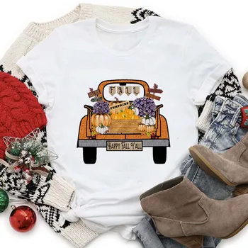 Женская модная футболка 90-х на Хэллоуин с коротким рукавом, одежда с принтом, праздничная женская белая футболка с веселым рисунком автомобиля в виде тыквы.