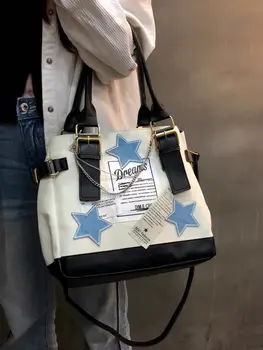 Женская сумка Y2k Aesthetics, холщовая сумка-тоут с цепочкой в виде звезды, модная дизайнерская ретро-сумка для девочек большой емкости
