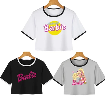 Женская футболка Barbie из Модала С короткими рукавами Y2K Для девочек, Летняя Футболка С вырезом до Пупка, Облегающие Топы С круглым вырезом, Модная Женская Универсальная одежда