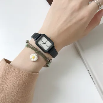 Женские часы с квадратным дизайном в стиле ретро, минималистичные Женские наручные часы, Повседневное платье, Женские наручные часы из черной кожи, Часы Reloj Mujer