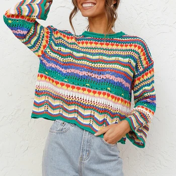 Женский красочный свитер с круглым вырезом, вязаный крючком, пуловер в радужную полоску, Открытая женская повседневная верхняя одежда