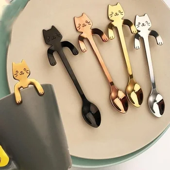 Золотая/серебристая Милая кошачья ложка, ложки с длинной ручкой, столовые приборы, инструменты для питья, кухонные принадлежности