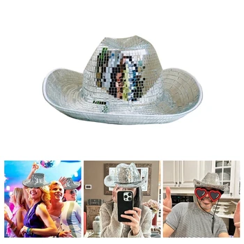 Ковбойская шляпа с шариком для ди-джеев, блестящая зеркальная шляпа, новинка, праздничная шляпа, блестящая шейная панама, кепка для сцены, клубная танцевальная шляпа