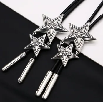 Коди Азиатское пятизвездочное кожаное ожерелье из черной веревки с длинной подвеской в виде двойной звезды, мужская индивидуальность, цепочка для свитера из стерлингового серебра на шею ro