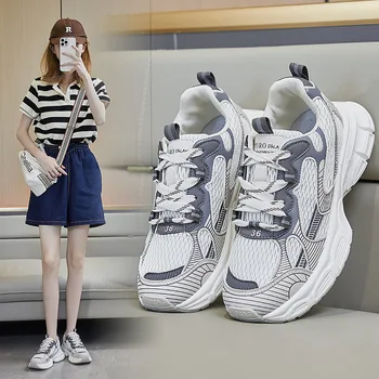 Корейская новая женская обувь 2023, Летняя студенческая спортивная обувь, Сетчатая дышащая повседневная обувь на толстой подошве, увеличивающая рост J-d59