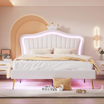Кровать, кровать принцессы, современный раскладывающийся каркас кровати со светодиодной подсветкой и дизайном изголовья в виде короны, для спальни