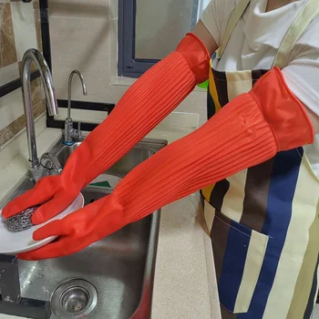 Латексные перчатки для мытья посуды Удлиненные Толстые Нескользящие Кухонные Принадлежности Уборка По дому Автомойка Одежда Резиновые перчатки Красные Перчатки