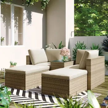 Мебель для патио садовый стул стол из 5 предметов Плетеный секционный диван из ротанга Коричневый Бежевый Свободное комбинированное размещение