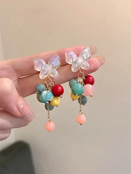 Милые Дизайнерские серьги-бабочки для девочек, Разноцветные Корейские серьги-бусы, ювелирные изделия