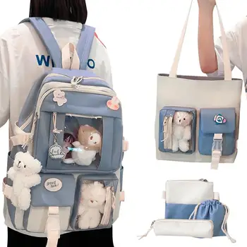 Милый школьный рюкзак Kawaii, 5 шт./компл., холщовый школьный рюкзак Kawaii для средней школы, сумка для книг с милыми булавками и подвесками для женщин.