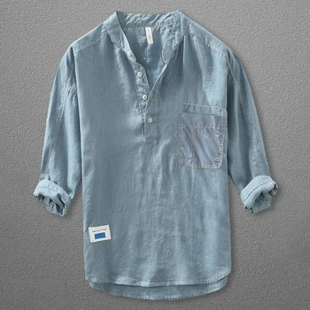 Мужская повседневная рубашка из 100% льна, Простая Свободная Тонкая дышащая рубашка с рукавом три четверти, Японская уличная мужская блузка