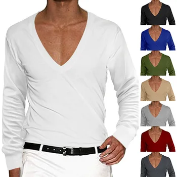 Мужская футболка, европейская и американская Весенне-осенняя мужская однотонная повседневная футболка Slim Fit с V-образным вырезом и длинными рукавами