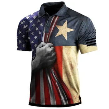 Мужские винтажные рубашки поло, мужская рубашка в День независимости США с 3D принтом, короткий рукав, летняя мужская повседневная одежда с лацканами и пуговицами.