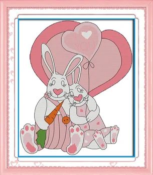Набор для вышивания крестиком Joy Sunday с предварительной печатью Easy Pattern Aida, набор для вышивания из штампованной ткани-Розовая пара кроликов