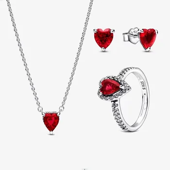 Новое кольцо из стерлингового серебра 925 пробы, Серьги-гвоздики с красным сердцем, колье, Ювелирный набор для женщин, Оригинальный подарок Pandora Luxury Jewelry