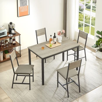 Обеденный набор на 5 персон, Кухонный стол с 4 мягкими стульями, для внутренней столовой, серый, 47,2 