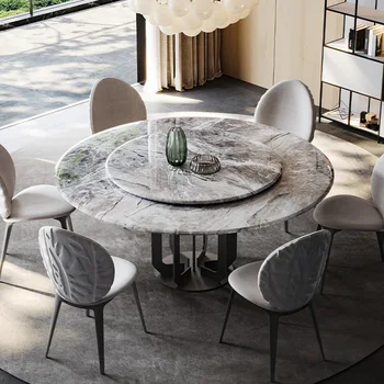 Обеденный стол из каменной плиты в минималистском стиле, мраморный обеденный стол, современный светлый роскошный дом, круглый стол из роскошного камня высокого класса, обеденный стол