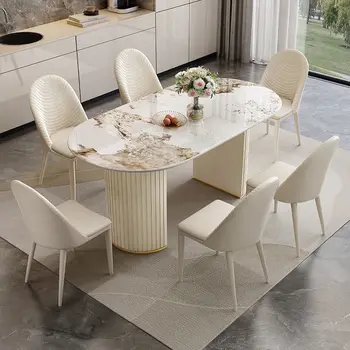 Обеденный стол из легкой роскошной каменной плиты, овальный обеденный стол в кремовом стиле, бытовой малогабаритный обеденный стол для гостиной