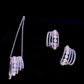 Ожерелье и серьги из натурального пресноводного жемчуга для женщин, ювелирные украшения из серебра 925 пробы с кубическим цирконием, Бесплатная доставка