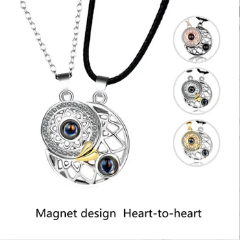 Ожерелье с магнитом для пары, проекция Луны и звезды на 100 языков, сотня подвесок 