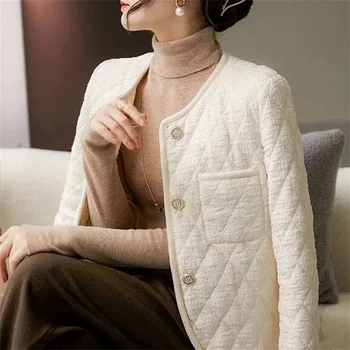 Осень-зима 20223 Новая пуховая хлопчатобумажная куртка для женщин Design Sense, верхняя одежда в ромбовидную клетку с длинными рукавами, универсальная, легкая