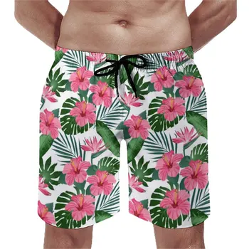 Пляжные шорты с тропическими пальмовыми листьями для отдыха, пляжные шорты оверсайз, Мужские плавки с розовым цветочным узором гибискуса, Удобные
