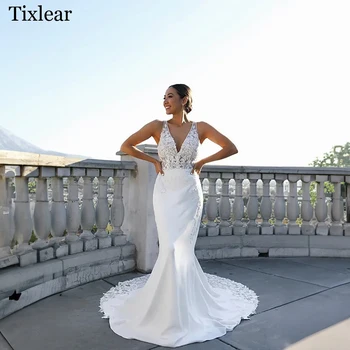 Потрясающие свадебные платья TIXLEAR для женщин, атласные свадебные платья без рукавов с V-образным вырезом и аппликациями на заказ свадебное платье