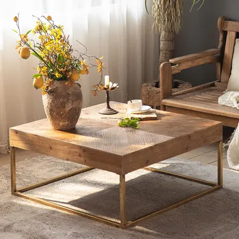 Простой квадратный журнальный столик класса люкс из массива дерева с железными ножками Диван Круглый Приставной столик Центральный стол для мебели для гостиной
