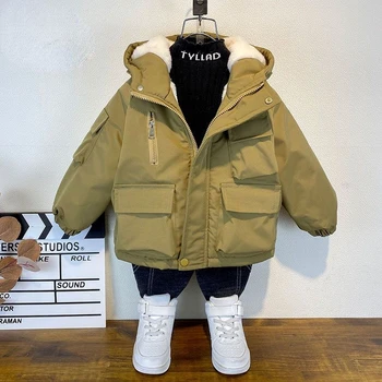 Пуховик для мальчиков, плюшевое теплое пальто с капюшоном, повседневная осенне-зимняя утепленная хлопковая детская одежда Baby Tide Outdoor Soild для детей