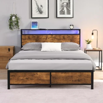 Размерный промышленный каркас кровати, бесшумный, со светодиодной подсветкой, 2 USB-портами и хранилищем, пружинный блок не требуется, коричневый в деревенском стиле [US-W]