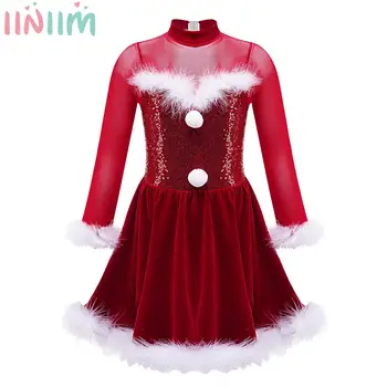 Рождественское платье принцессы для фигурного катания на коньках для девочек, расшитое блестками, Длинный рукав, комбинезон с пушистыми перьями, костюм для выступлений