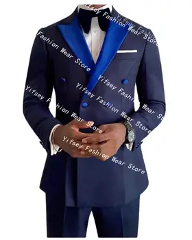 Темно-синий двубортный мужской костюм с разрезом спереди, свадебный пиджак жениха, брюки, приталенный костюм, 2 шт., блейзер для выпускного вечера, брюки, наряд