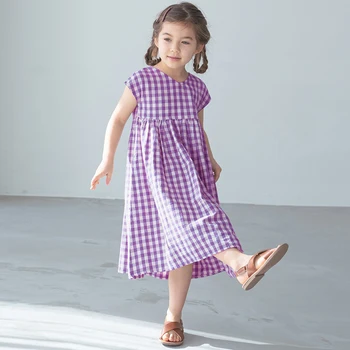 Французское платье в лавандово-фиолетовую клетку с V-образным вырезом для девочек, летнее Новое повседневное платье с короткими рукавами для маленьких девочек, свободные платья для отдыха в пасторальном стиле