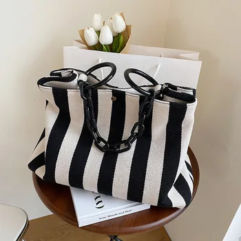 Холщовая сумка через плечо в черно-белую полоску, женская сумка-тоут, дизайнерские женские сумки, новые модные сумки, тренд 2022, Большая сумка